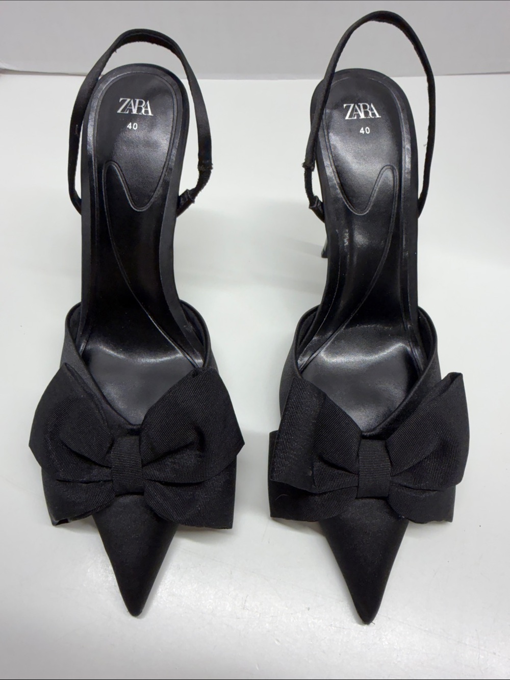 Zara Bow Heels Pointed Toe High Heel Shoes Slingback Stretch Satin Black Size 10 - Picture 3 of 10